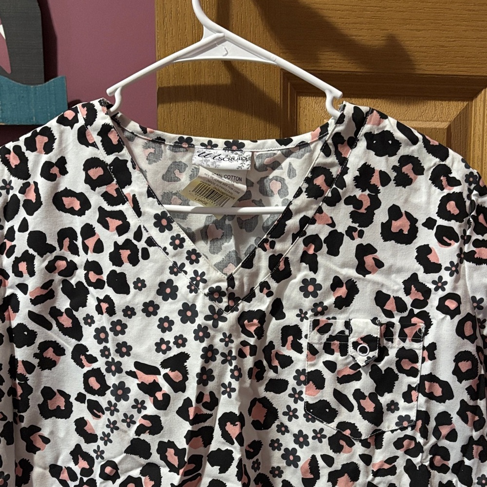 UA Scrubs Pink and Black Leopard Print Top